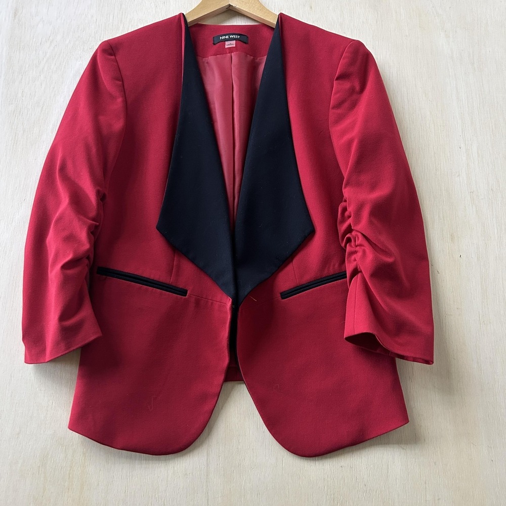 Nine West Blazer Jacket Womens 6 Red Tuxedo Shawl Collar Ruched 3/4 Sleeve